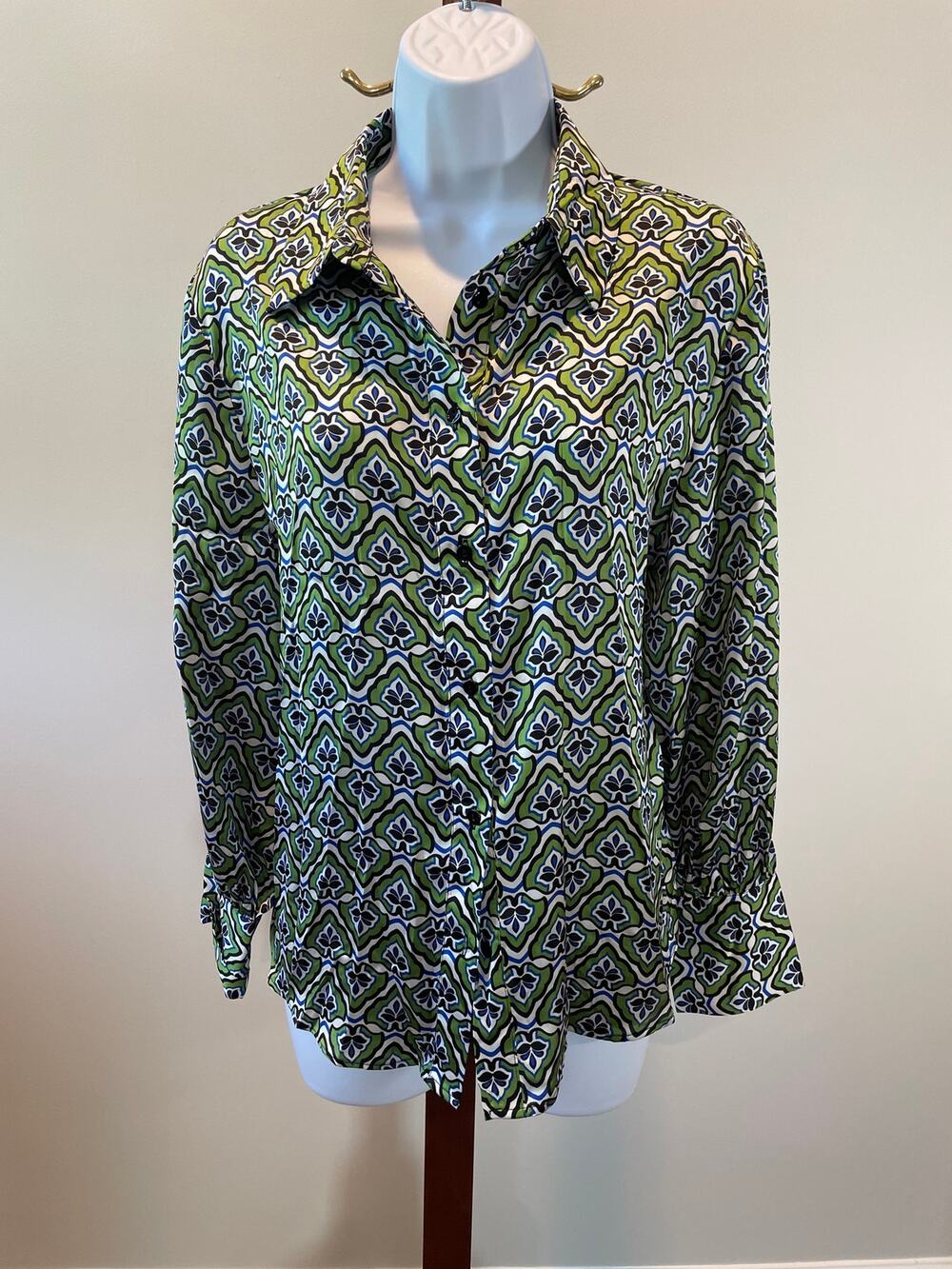 Zara Satin Button Up Top Size M Green Abstract Boho Desi Print
